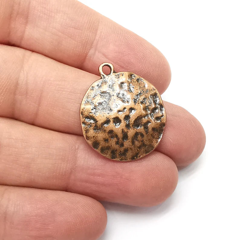 Hammered Disc Round Charms, Antique Copper Plated Charms (28x24mm) G34475
