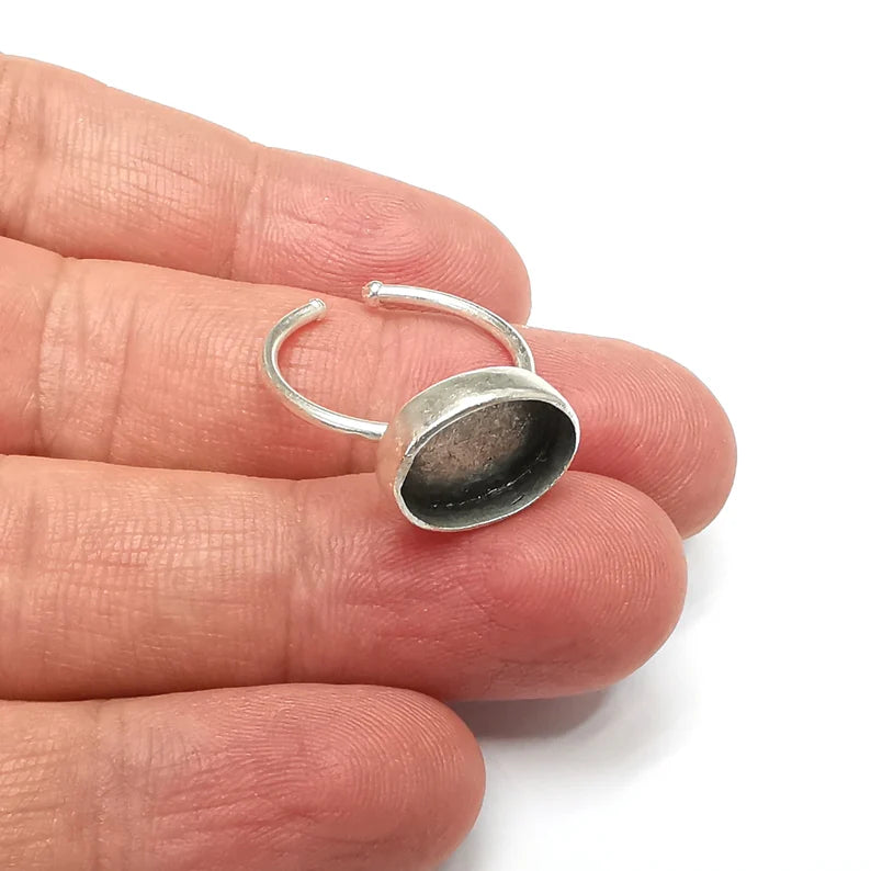 Oval Ring Blank Settings, Cabochon Mounting, Adjustable Antique Silver Resin Ring Base Bezel, Inlay Mosaic Cabochon (14x10mm) G34528