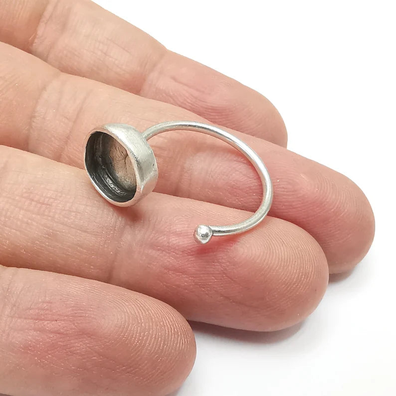 Round Ring Blank Settings, Cabochon Mounting, Adjustable Antique Silver Resin Ring Base Bezel, Inlay Mosaic Cabochon (10mm) G34469
