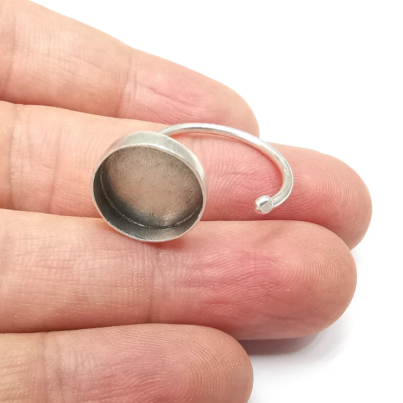 Round Ring Blank Settings, Cabochon Mounting, Adjustable Antique Silver Resin Ring Base Bezel, Inlay Mosaic Cabochon (16mm) G34480
