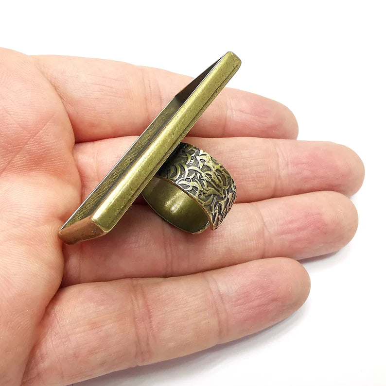 Big Rectangle Ring Blank Settings, Cabochon Mounting, Adjustable Antique Bronze Resin Ring Base Bezel, Inlay Mosaic Epoxy (48x24mm) G34540