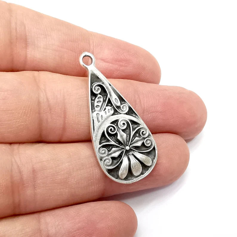 Flower Charms, Drop Charms, Antique Silver Plated (38x18mm) G34471