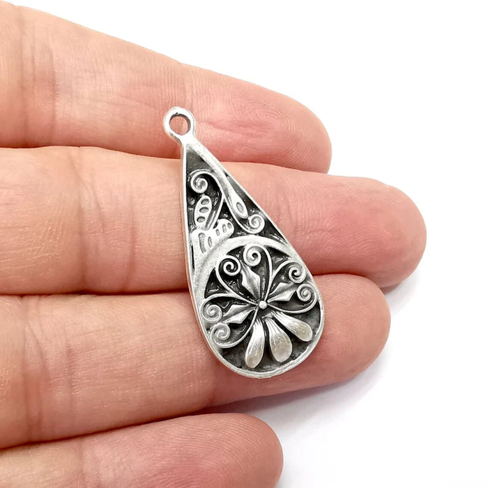 Flower Charms, Drop Charms, Antique Silver Plated (38x18mm) G34471