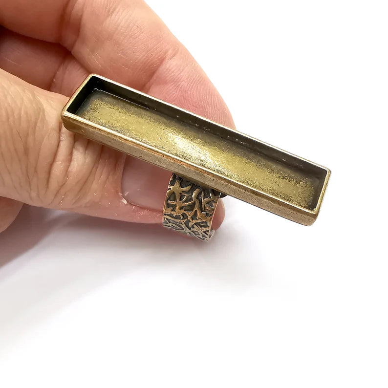 Rectangle Ring Blank Setting, Cabochon Mounting, Antique Bronze Adjustable Resin Ring Base Bezels, Inlay Ring Mosaic frame (50x10mm) G34544