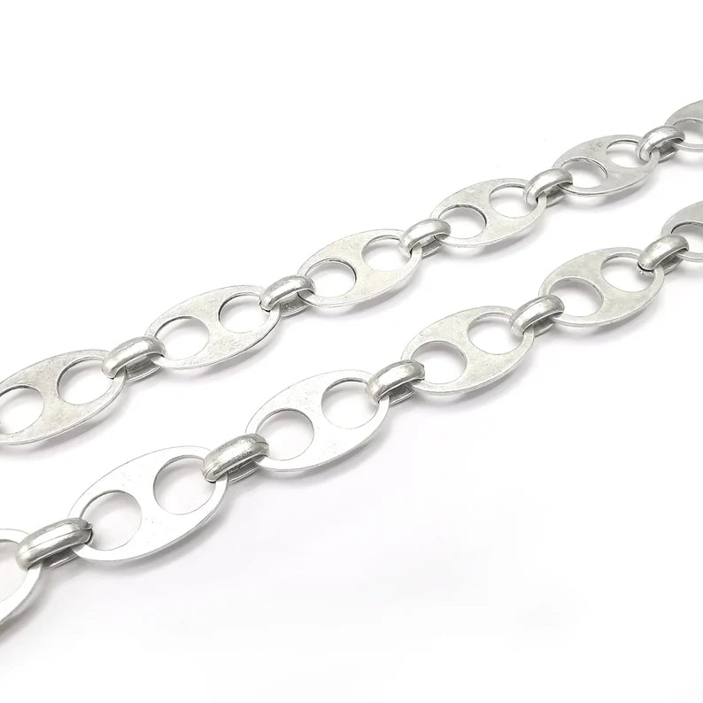 Antique Silver Oval Chain, (1 Meter - 3.3 feet ) Specialty Chains, Necklace, Bracelet, Belt, Bag Chain, Jewelry Accessory Chain G34549