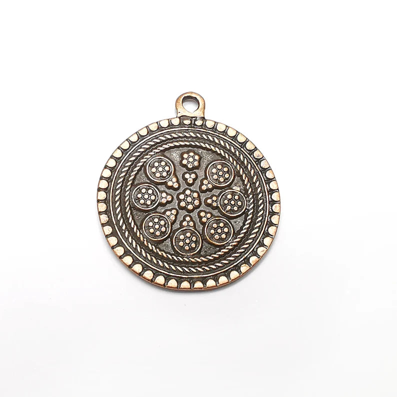 Flower Round Charms, Antique Copper Plated (39x33mm) G34563