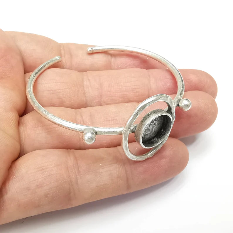Hammered Bracelet Bezel Cuff Blank Resin Mountings Cabochon Base Setting Antique Silver Plated Brass Adjustable Bracelet Bezel (12mm) G34499
