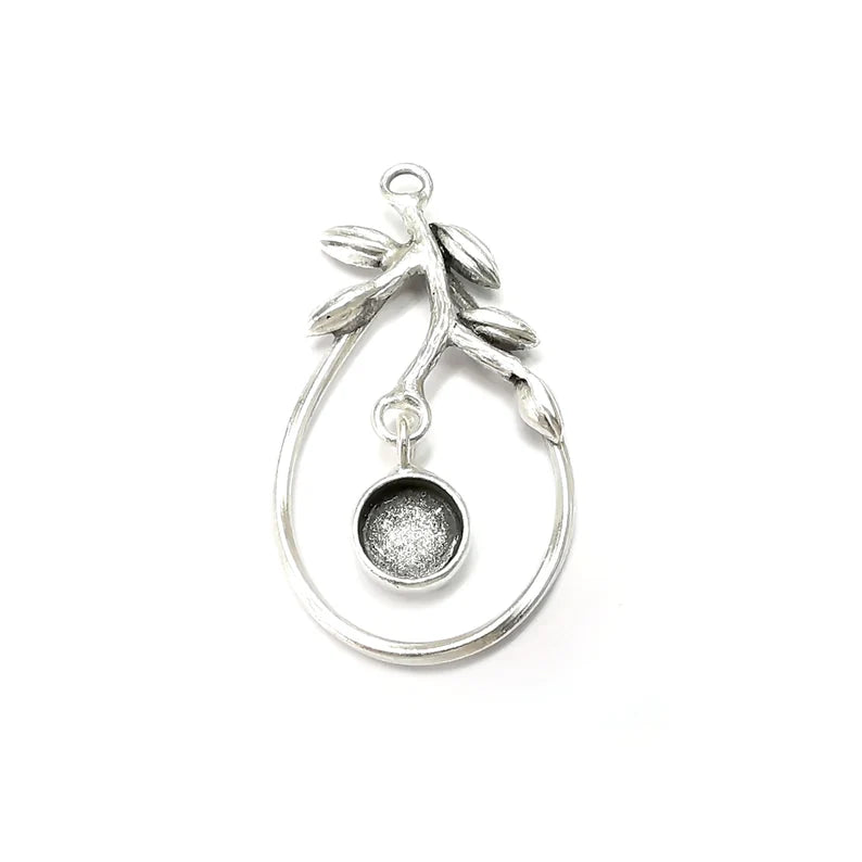 Drop branch leaf Pendant Base Setting Bezel Blank Antique Silver Plated Brass Pendant (45x25mm) (8mm blank) G34500