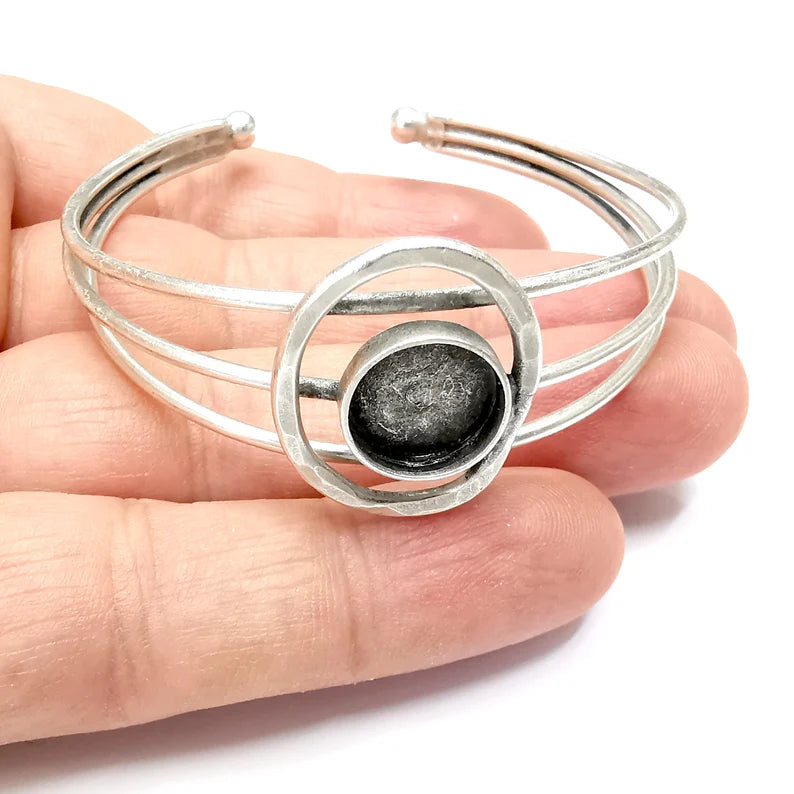 Wire Bracelet Bezel Cuff Blank Resin Mountings Cabochon Base Setting Antique Silver Plated Brass Adjustable Bracelet Bezel (12mm) G34501