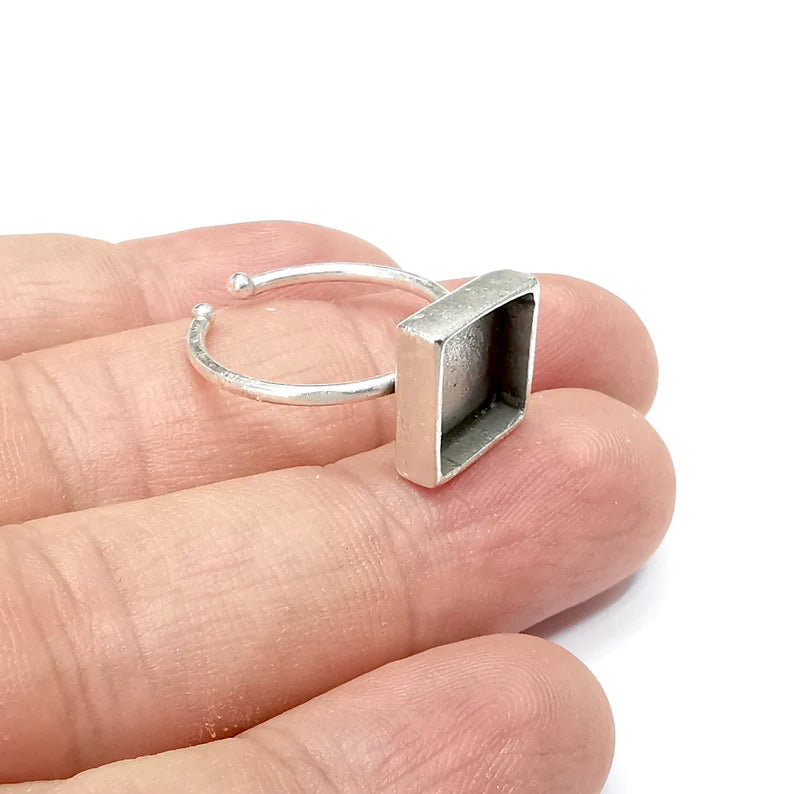 Square Ring Blank Settings, Cabochon Mounting, Adjustable Antique Silver Resin Ring Base Bezel, Inlay Mosaic Cabochon (10mm) G26676