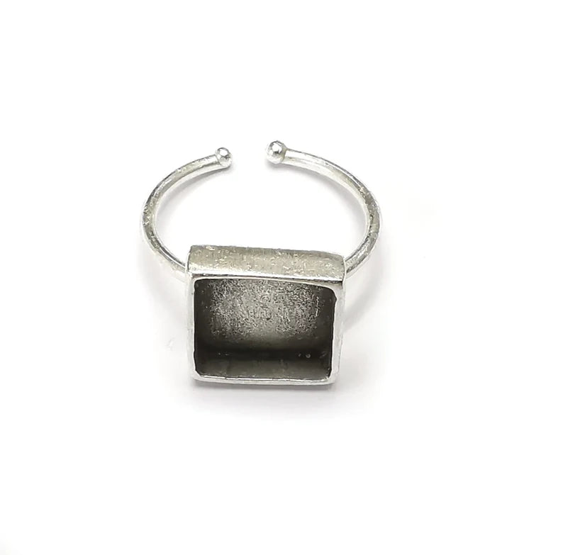 Square Ring Blank Settings, Cabochon Mounting, Adjustable Antique Silver Resin Ring Base Bezel, Inlay Mosaic Cabochon (10mm) G26676