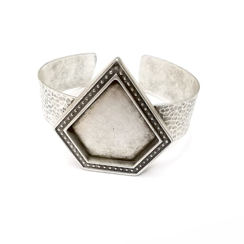 Diamond Bracelet Bezel Cuff Blank Resin Mountings Cabochon Base Settings Antique Silver Plated Brass Adjustable Bracelet (38x36mm) G34582