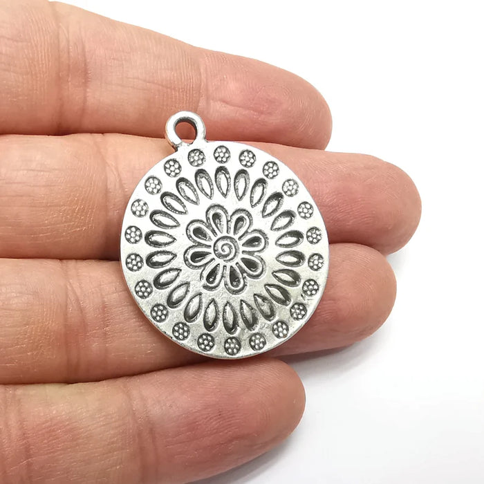 Flower, Disc Round Charms, Antique Silver Plated (38x32mm) G34585