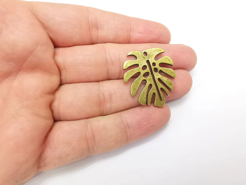 Monstera Leaf Charms, Antique Bronze Plated Dangle Charms (32x29mm) G34588