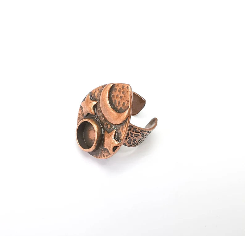 Moon and Star Ring Blank Settings, Cabochon Mounting, Adjustable Resin Ring Base Bezels, Antique Copper Plated Ring Frame (10mm) G34590
