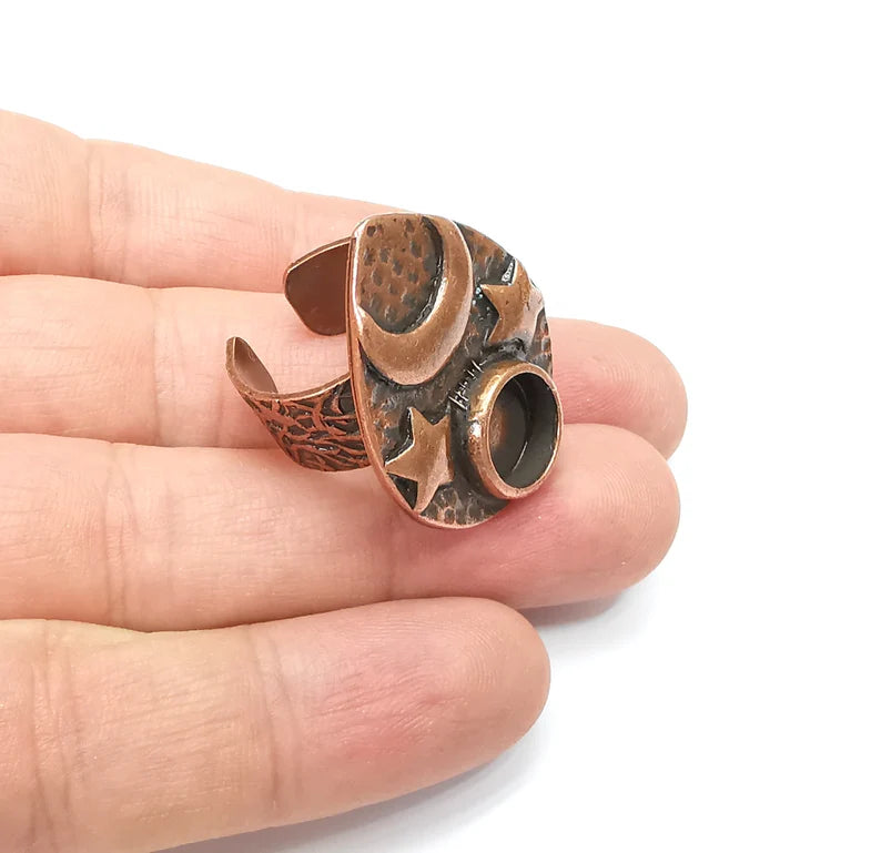 Moon and Star Ring Blank Settings, Cabochon Mounting, Adjustable Resin Ring Base Bezels, Antique Copper Plated Ring Frame (10mm) G34590