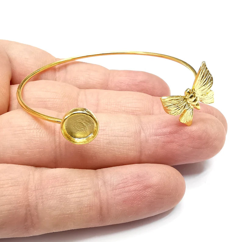 Butterfly Round Bracelet Base Blanks Cuff Blanks Adjustable Bracelet Shiny Gold Plated Brass (8mm Blank) G34591