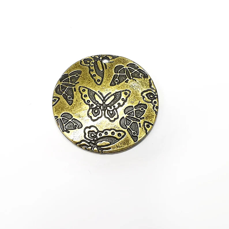 Butterfly Disc Charms Antique Bronze Plated Charms (29mm) G34593