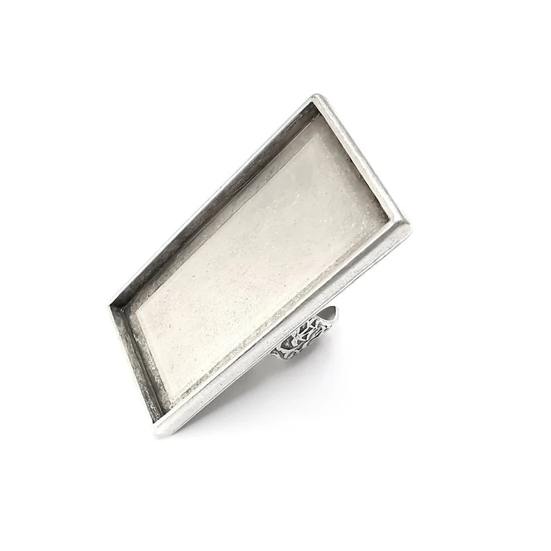 Big Rectangle Ring Blank Settings, Cabochon Mounting, Adjustable Antique Silver Resin Ring Base Bezel, Inlay Mosaic Epoxy (50x25mm) G34594