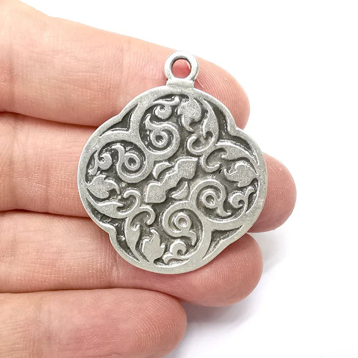 Branch, Disc Round Charms, Antique Silver Plated (41x35mm) G34595