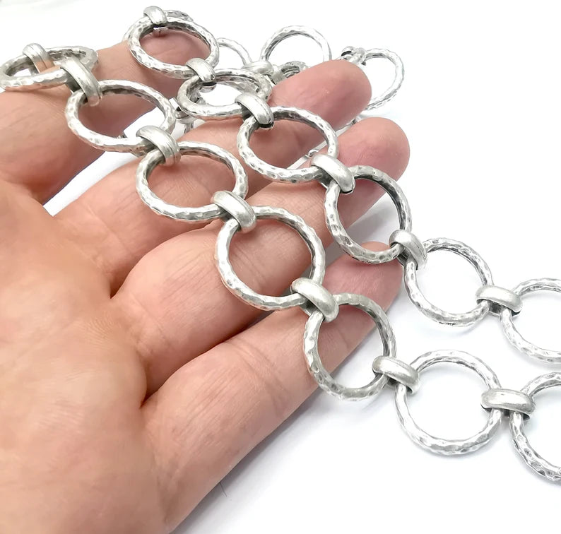 Hammered Antique Silver Round Chain (23mm) Antique Silver Plated Chain (1 Meter - 3.3 feet ) G34527