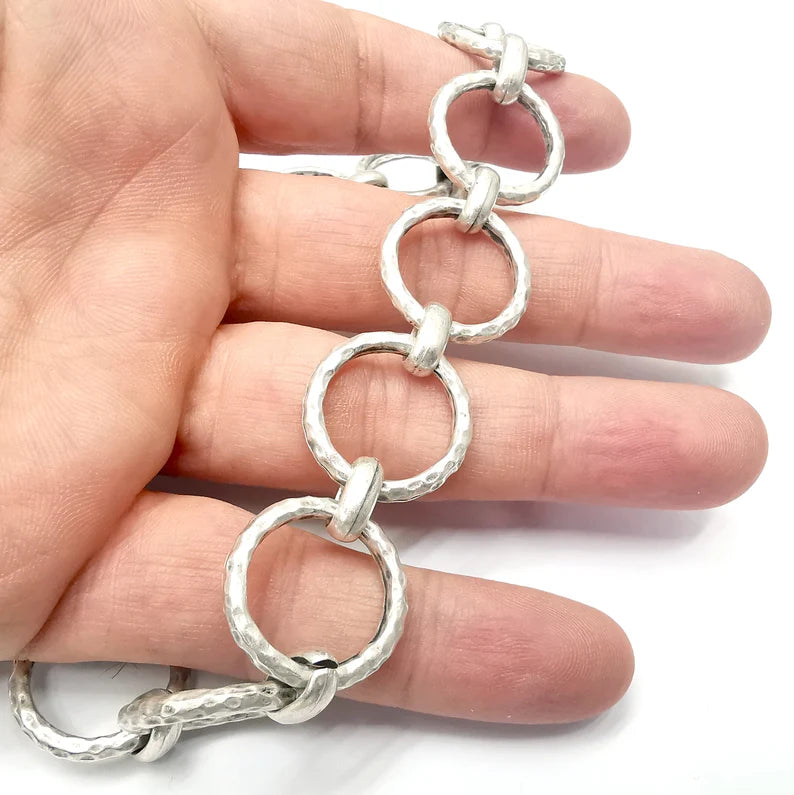 Hammered Antique Silver Round Chain (23mm) Antique Silver Plated Chain (1 Meter - 3.3 feet ) G34527