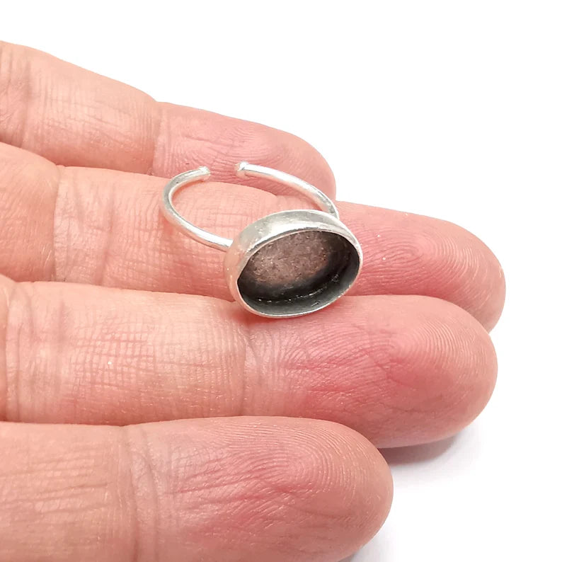Oval Ring Blank Settings, Cabochon Mounting, Adjustable Antique Silver Resin Ring Base Bezel, Inlay Mosaic Cabochon (14x10mm) G34528