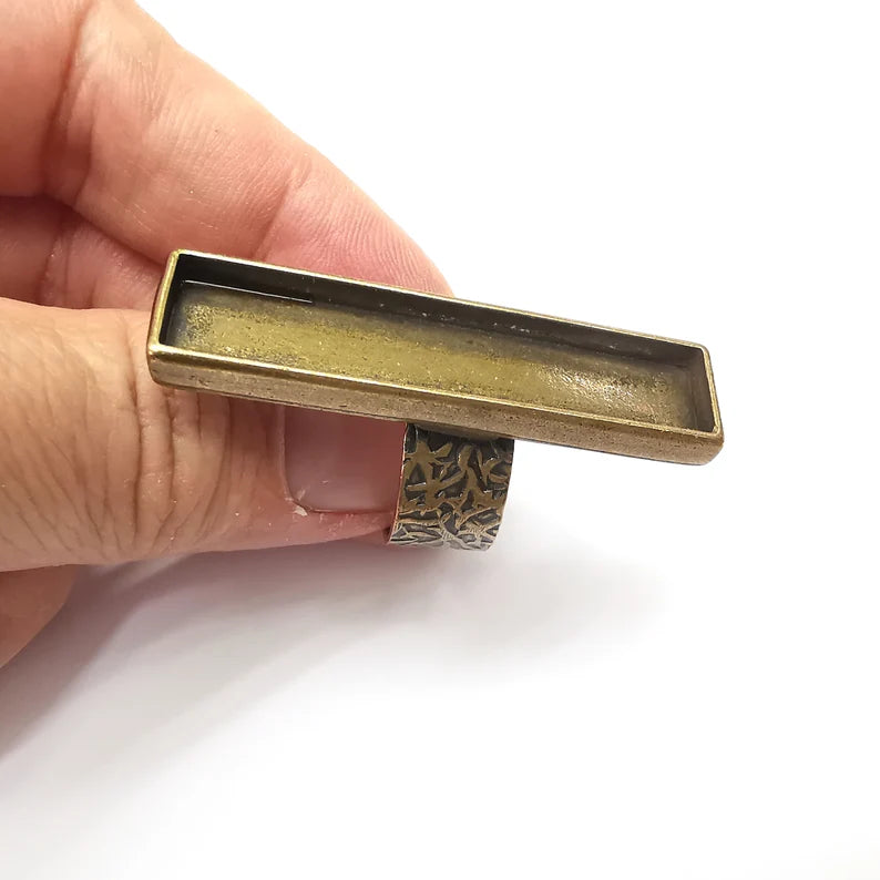 Rectangle Ring Blank Setting, Cabochon Mounting, Antique Bronze Adjustable Resin Ring Base Bezels, Inlay Ring Mosaic frame (50x10mm) G34544