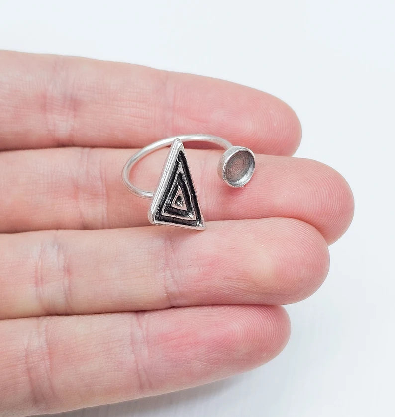 Triangle Ring Blank Settings, Cabochon Mounting, Adjustable Antique Silver Resin Ring Base Bezel, Inlay Mosaic Cabochon (6mm) G34630
