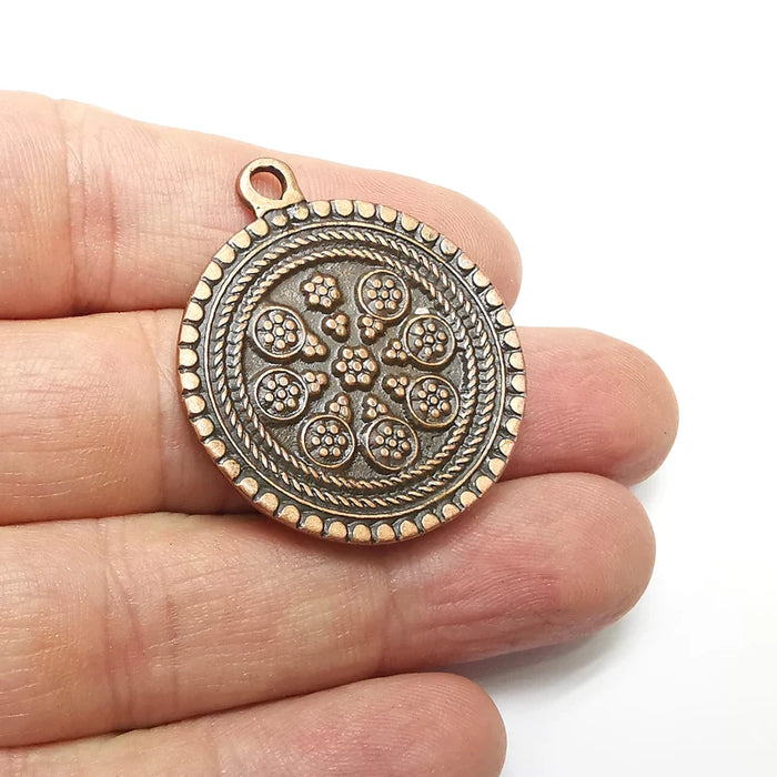 Flower Round Charms, Antique Copper Plated (39x33mm) G34563