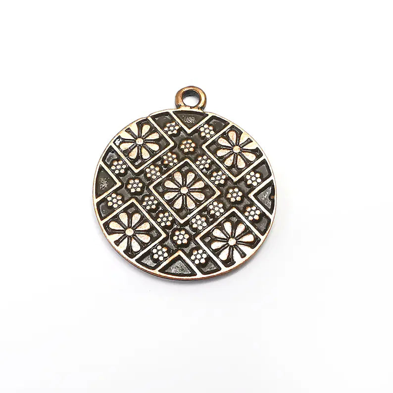 Flower Round Charms, Antique Copper Plated (39x33mm) G34661