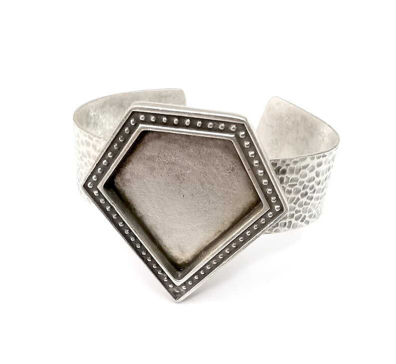 Diamond Bracelet Bezel Cuff Blank Resin Mountings Cabochon Base Settings Antique Silver Plated Brass Adjustable Bracelet (38x36mm) G34582