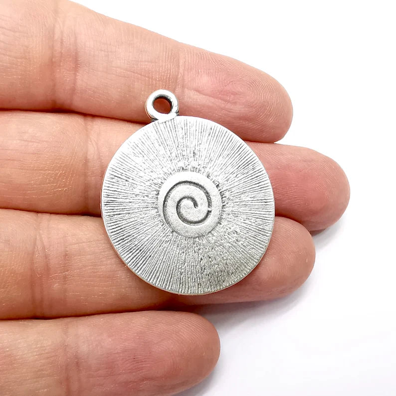 Swirl, Disc Round Charms, Antique Silver Plated (39x33mm) G34583