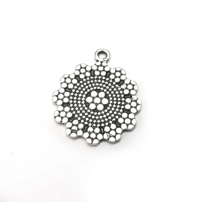 Flower, Disc Round Charms, Antique Silver Plated (39x33mm) G34584