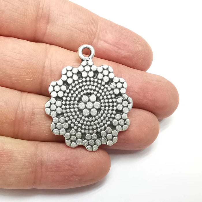 Flower, Disc Round Charms, Antique Silver Plated (39x33mm) G34584