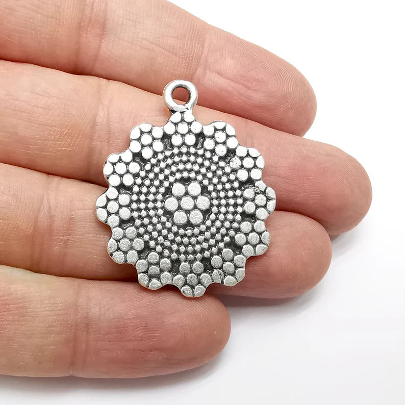 Flower, Disc Round Charms, Antique Silver Plated (39x33mm) G34584