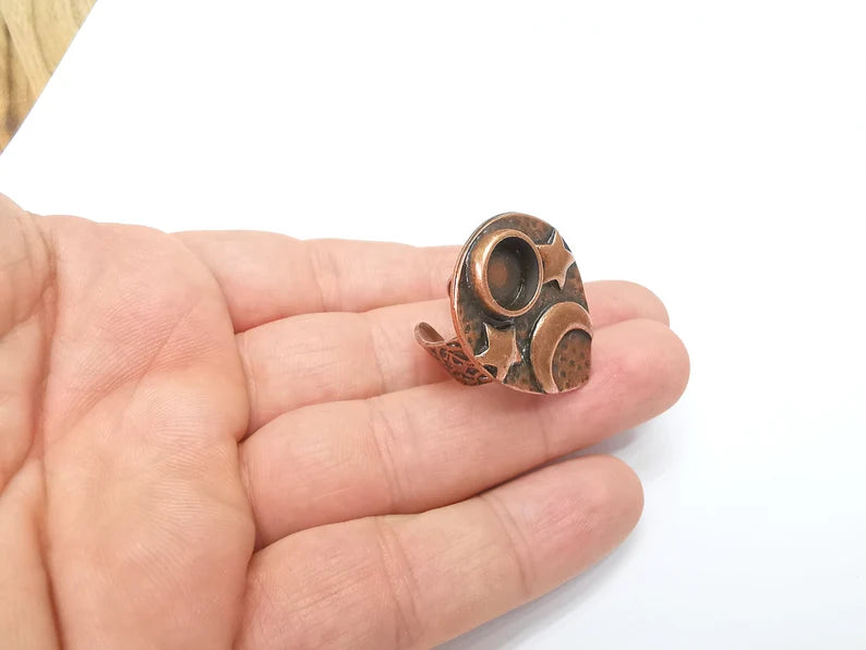 Moon and Star Ring Blank Settings, Cabochon Mounting, Adjustable Resin Ring Base Bezels, Antique Copper Plated Ring Frame (10mm) G34590