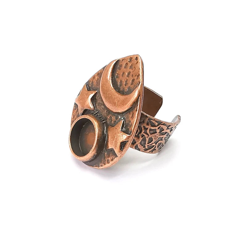 Moon and Star Ring Blank Settings, Cabochon Mounting, Adjustable Resin Ring Base Bezels, Antique Copper Plated Ring Frame (10mm) G34590
