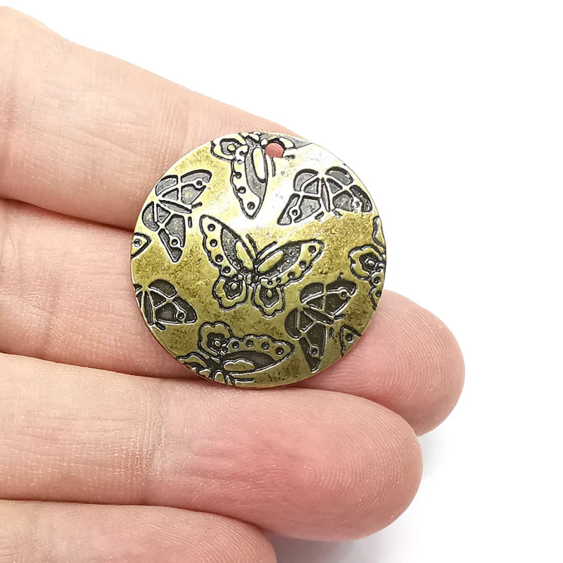 Butterfly Disc Charms Antique Bronze Plated Charms (29mm) G34593