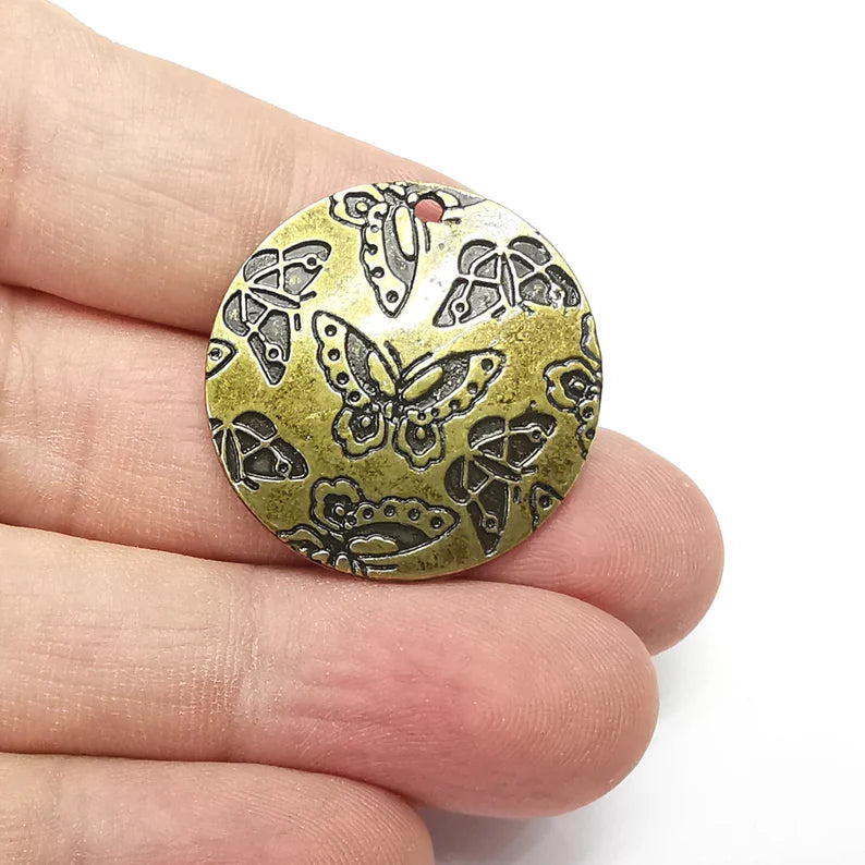 Butterfly Disc Charms Antique Bronze Plated Charms (29mm) G34593