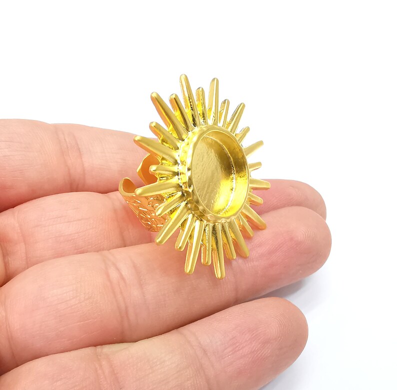 Sun Ring Blank Settings, Cabochon Mounting, Adjustable Gold Plated Resin Ring Base Bezel, Inlay Mosaic Epoxy (16mm) G34679
