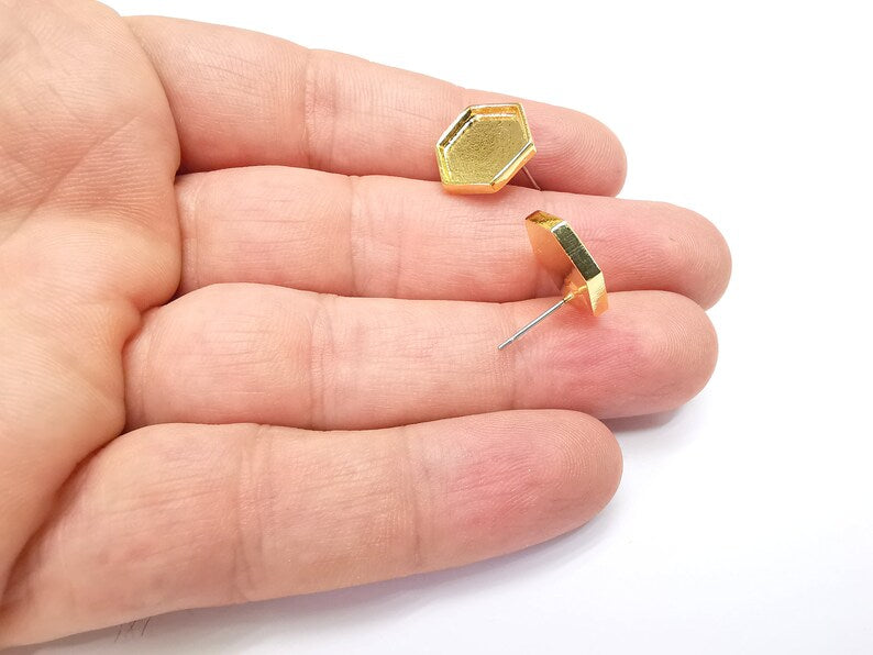 Gold Hexagon Blank Earring Bezel Set Base Shiny Gold Plated Brass Earring Stud Base (12mm blank) G34680