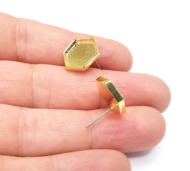 Gold Hexagon Blank Earring Bezel Set Base Shiny Gold Plated Brass Earring Stud Base (12mm blank) G34680