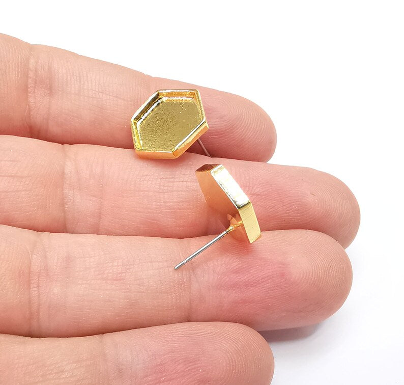 Gold Hexagon Blank Earring Bezel Set Base Shiny Gold Plated Brass Earring Stud Base (12mm blank) G34680