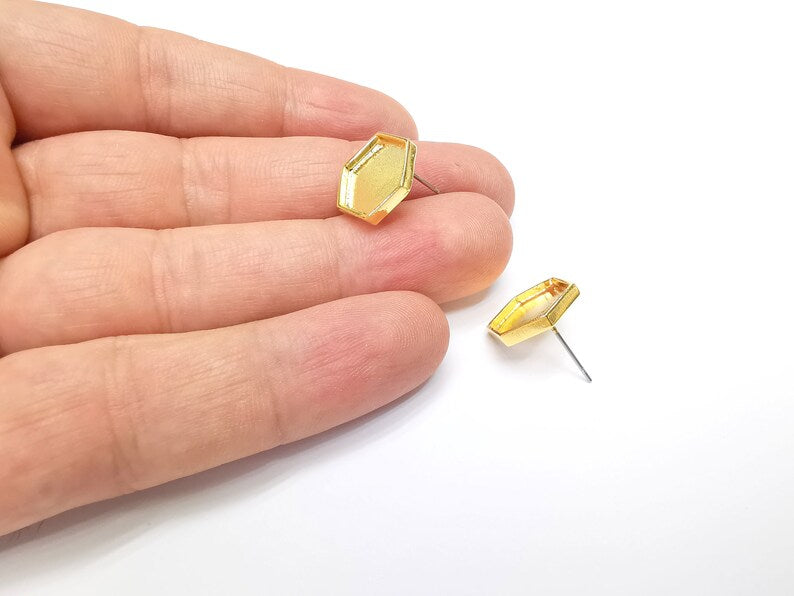 Gold Hexagon Blank Earring Bezel Set Base Shiny Gold Plated Brass Earring Stud Base (12mm blank) G34680
