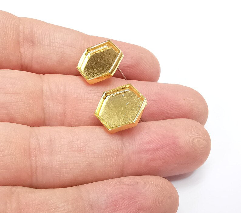 Gold Hexagon Blank Earring Bezel Set Base Shiny Gold Plated Brass Earring Stud Base (12mm blank) G34680