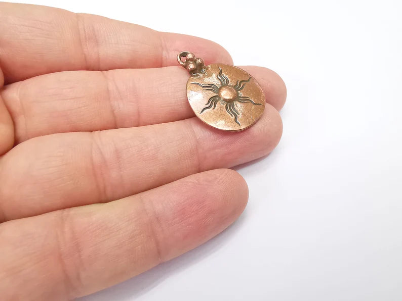 2 Sun Charms, Antique Copper Plated Charms (30x22mm) G34682