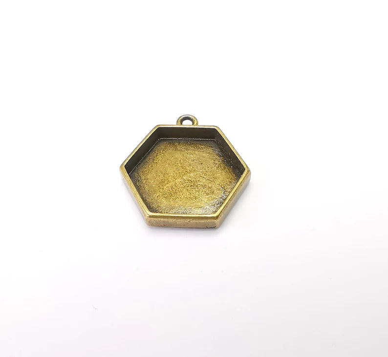 2 Hexagon Pendant Blanks, Resin Bezel Bases, Mosaic Mountings, Dry flower Frame, Polymer Clay base, Antique Bronze Plated (20mm) G34683
