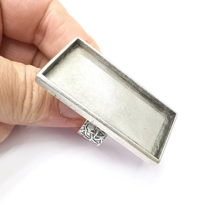 Big Rectangle Ring Blank Settings, Cabochon Mounting, Adjustable Antique Silver Resin Ring Base Bezel, Inlay Mosaic Epoxy (50x25mm) G34594