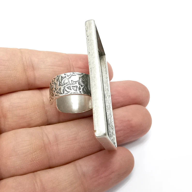 Big Rectangle Ring Blank Settings, Cabochon Mounting, Adjustable Antique Silver Resin Ring Base Bezel, Inlay Mosaic Epoxy (50x25mm) G34594